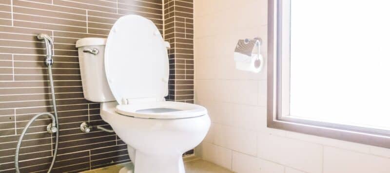 white toilet that has a bidet attachment in a bathroom near a window